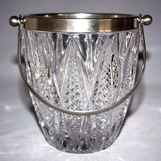 Vintage Clear Cut Crystal Glass Ice Bucket Pail Silver Plated Handle