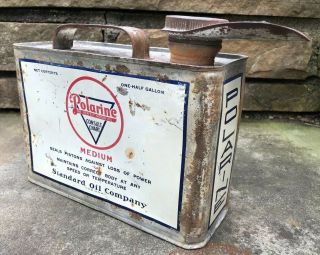 Vtg 1920s 30s Polarine “medium” Motor Oil 1/2 Gallon Oil Can Slim Standard Oil
