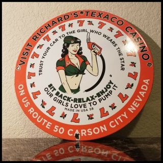 Vintage Texaco Gasoline Porcelain Casino Pinup Girl Service Station Pump Sign