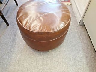 Vintage Brown 17 Inch Round Footstool With Wheels Hassock Ottoman