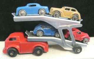 Vintage Barclay Toy Double Deck Auto Transport Set With 4 Cars