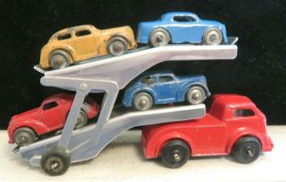 Vintage Barclay Toy Double Deck Auto Transport Set With 4 Cars 2