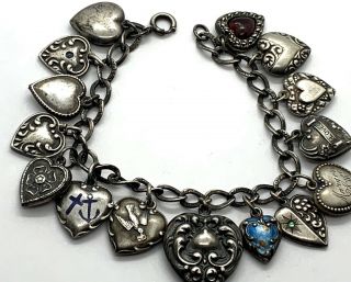Antique & Vintage Sterling Puffy Heart Charm Bracelet - Larger Heart Enamels Etc