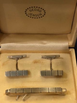 Vintage Georg Jensen Sterling Silver Cufflinks 64 & Tie Clip By Henry Pilstrup