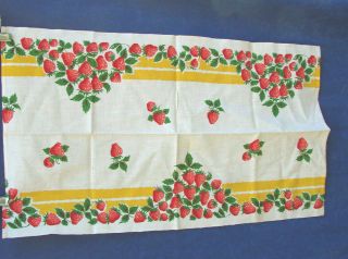 Vintage Tea Towel Linen Strawberries Vgc 16x29 Yellow Stripes