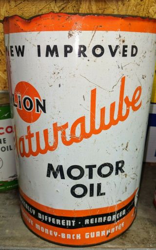 Old Lion Naturalube Metal 5 Quart Motor Oill Can W Graphics Arkansas Htf