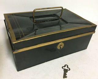 Antique Bank Enamel Metal Box Tin Cash Money Deed Black & Gold Has Key