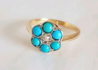 Antique 18ct Yellow Gold & Platinum Cluster Ring.  Set With A Diamond & Turquoise