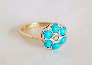 Antique 18ct Yellow Gold & Platinum Cluster Ring.  Set with a Diamond & Turquoise 2