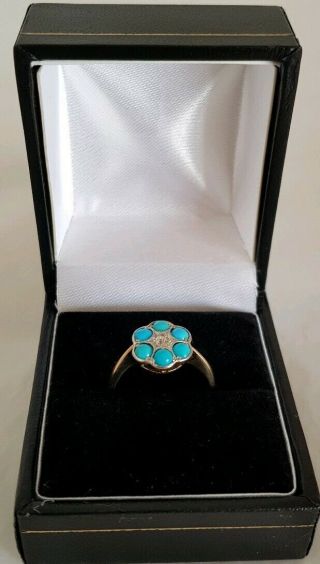 Antique 18ct Yellow Gold & Platinum Cluster Ring.  Set with a Diamond & Turquoise 3
