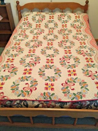 Vintage Floral Wreath Pattern Stitched Quilt Full Size Bed Spread Cover Blanket