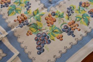 Vintage Petite Linen Tablecloth 34x34 4 Napkins Fruit & Blue