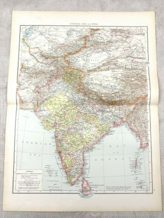 1895 Map Of India Central Asia Tibet China Old Antique 19th Century Large