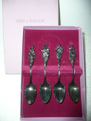 Reed & Barton Silver Plated Harlequin Demitasse Flowers 4 Coffee Spoons & Box
