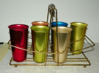 6 Vintage Aluminum Tumblers Glasses With Metal Holder Carrying Tray Mid Century