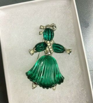 Vintage Crown Trifari Green Molded Glass & Rhinestone Rag Doll Girl Pin Brooch