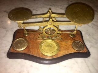 Antique Postal Scale.  Burled Wood Base With Brass Scale And Weights.  19th C.