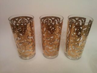 Vtg Georges Briard Mid Century 22k Gold Fleur - De - Lis Highball Glasses Barware