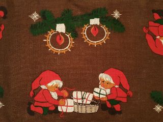 Vintage Christmas Art Dwarfs Candles Print Brown Red Jute Table Runner:12 " X 44