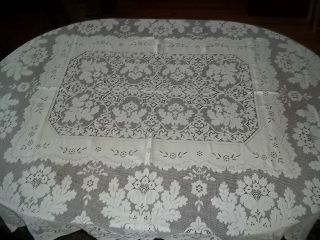 Vintage Antique Off White Lace Tablecloth Linen Cotton 74 X 66 Flowers