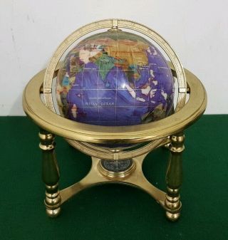 22 Cm Tall Semi Precious Gemstone 14 Cm Globe & Brass Stand With A Compass