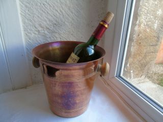 French Vintage Copper Ice Champagne Bucket Wood Handles