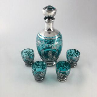 Cordial Set: Decanter,  4 Glasses,  Teal W/ Sterling Silver Overlay Flora & Fauna
