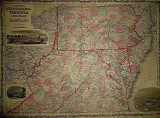 Vintage 1863 Pre - Civil War Virginia Map Old Antique & Authentic
