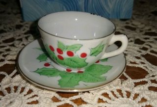 Vintage Miniature Doll Napco Bone China December Holly Berry Cup And Saucer
