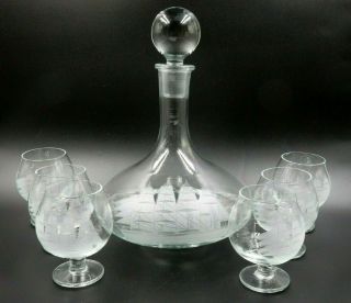 Vintage Etched Glass Clipper Ship Brandy Decanter With Six Matching Snifters