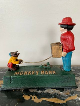 Vintage Cast Iron Mechanical Monkey Bank " Organ Grinder " Piggy Bank