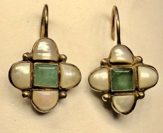 Antique 19th C.  Austro - Hungarian Gold Plated Silver Pearls & Emerald Earrings