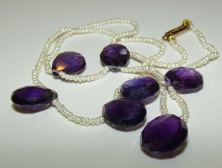 An Antique,  Georgian Natural Amethyst & Seed Pearl Necklace,  9 Ct Gold Clasp