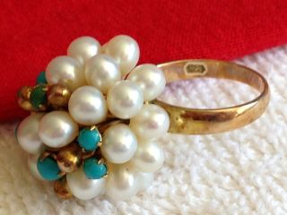 Vintage 14k Yellow Gold Marked Signed Turquoise & Pearl Cocktail Ring Size 6.  25