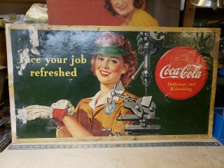 Vintage 1943 Coca Cola Cardboard Sign Antique Soda Fountain Diner