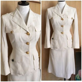 Us Navy Nurse Corps Vtg 40s Wwii White Linen Women’s Uniform Skirt Jacket
