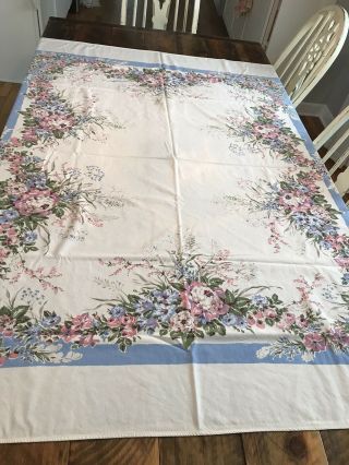 Vintage Floral Tablecloth Shabby Cottage Chic Blue Pink Weeds Roses Strawberry