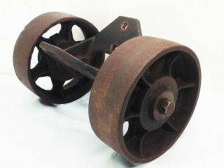 Vtg Antique Cast Iron Industrial Cart Casters Wheels 6 " With Axle And Carrier