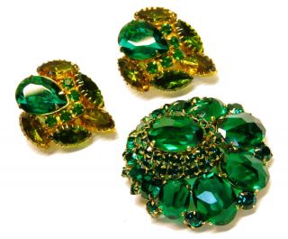 Vintage Signed Schreiner York Large Emerald Rhinestone Brooch Pin & Earrings