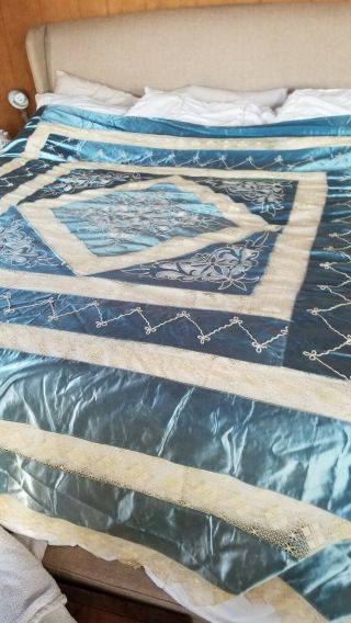Antique Vintage Embroidered Blue Satin Bedspread
