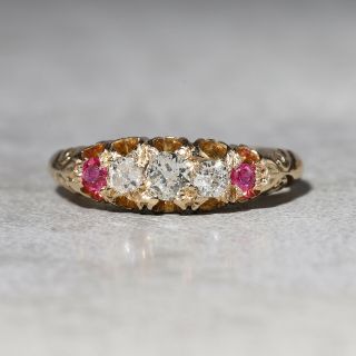Victorian Old Mine Cut Diamond & Ruby Ring In 18k Yellow Gold Size 5.  5 England