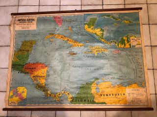 Vintage Seix Barral 1959 Central America School Map Canvas In Spanish Cuba Haiti