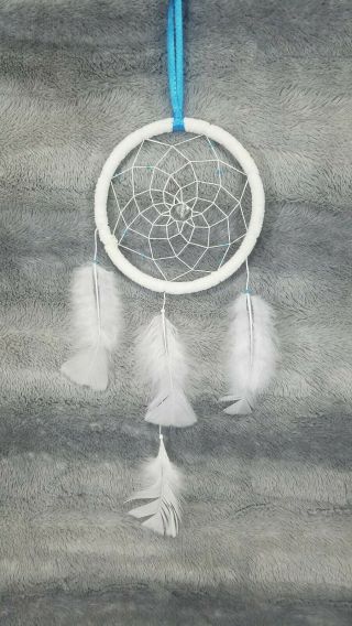 Dream Catcher Handmade White/blue With Blue Beads In Web 6 Inch Ring