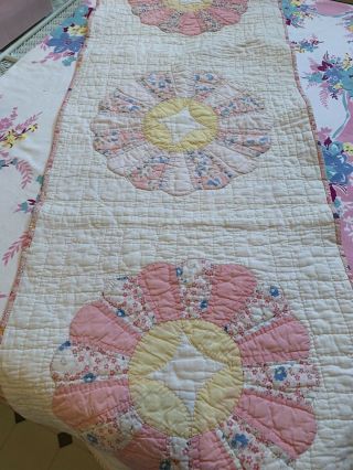 Vintage Hand Quilted Feed Sack Runner 17 X 51 Pastel Dresden Plates Lovely