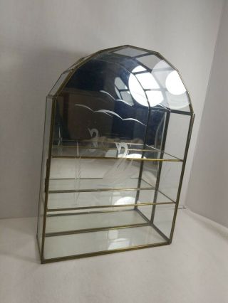 Metal Brass Glass Mirror Hanging Curio Display Cabinet Trinket Etched Swan 12.  5 "