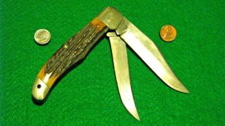 Vtg Pocket Hunt Blade Usa Kabar Folding Hunter Knife " Stag " Handles 1 Fold Case