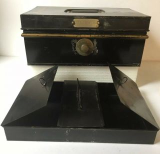 Antique Bank Enamel Metal Box Cash Money Deed Black & Gold With Insert