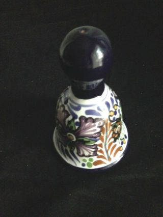 Hand Painted Ceramic Bell Puebla Mexico Artist Signed V.  Perez 4 3/4 " Tall