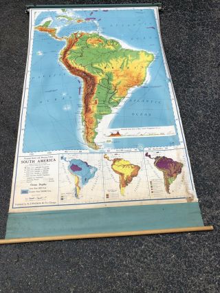 Nystrom Pull Down Map Globe School Mcnally Vtg Classroom Usa Wall South America