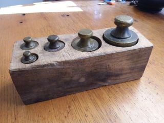 5 Vintage Brass Scale Weights In Wooden Block